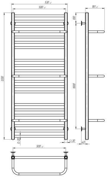 Рушникосушарка водяна Sigma П21 500х1200 Deffi нержавіюча сталь (Чорний, Бокове праве підключення) A.SI.120.50.21.B.C фото