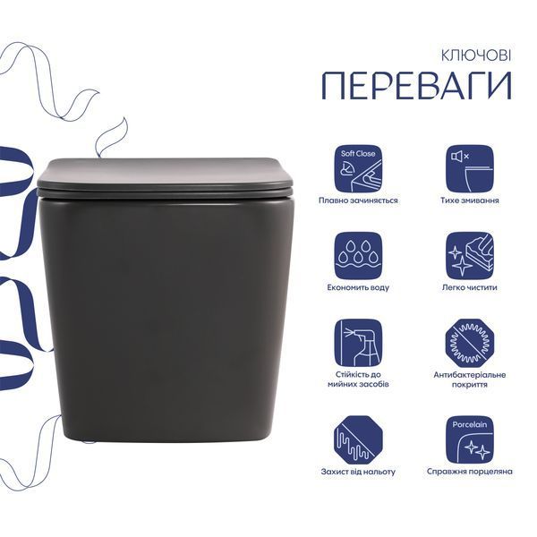 Унітаз підвісний Tern Ultra Quiet 490&times;365&times;325&nbsp;мм, Anthracite, з сидінням Slim Duroplast / Soft-close / Quick Release QT17332303ASAN Qtap QT17332303ASAN фото