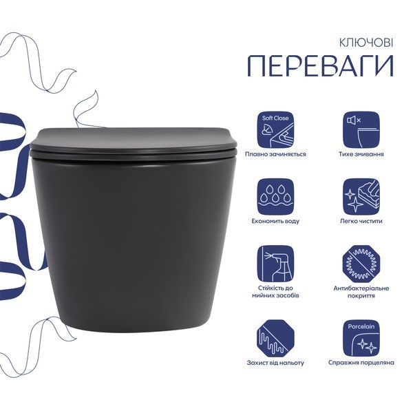 Унітаз підвісний Robin Ultra Quiet 490&times;365&times;325 мм, Anthracite, з сидінням Slim Duroplast / Soft-close / Quick Release QT13332381АSAN Qtap QT13332381АSAN фото