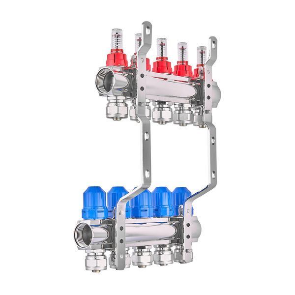 Колектор на 5 контурів Koer KR.1210-5 1"х3/4" з витратомірами, латунь KR5267 фото