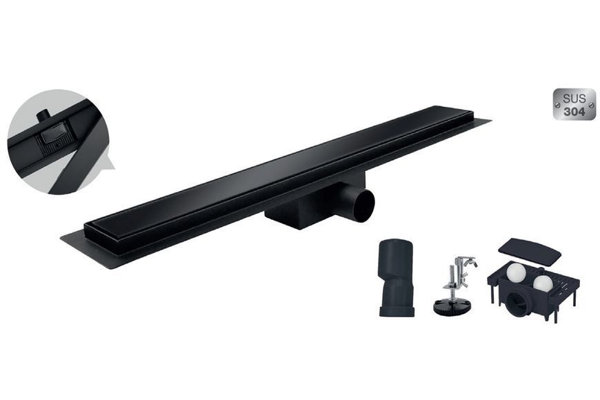 Душовий трап Koer FD08-70x600-Glass Black SUS304, 70x600 мм, зі скляною панеллю, нержавіюча сталь, чорний KR5140 фото