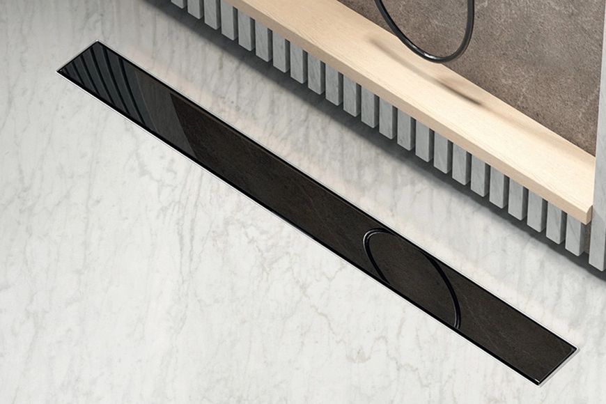 Душовий трап Koer FD08-70x700-Glass Black SUS304, 70x700 мм, зі скляною панеллю, нержавіюча сталь, чорний KR5141 фото