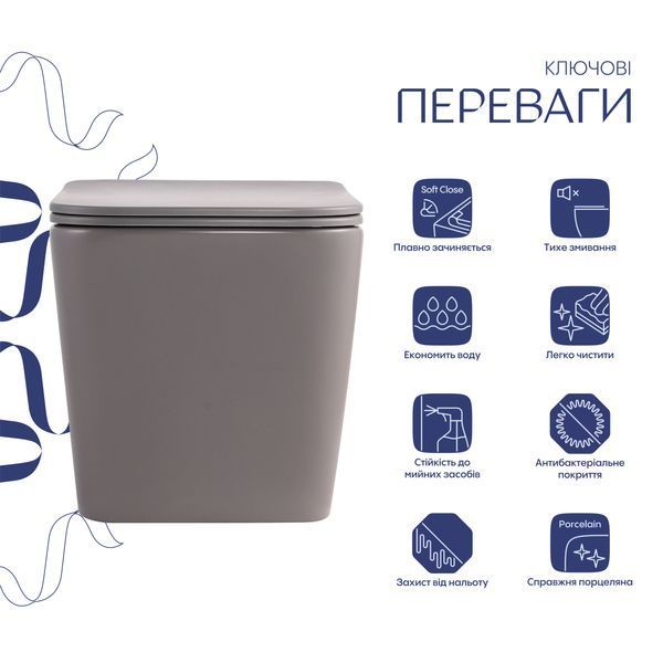 Унітаз підвісний Tern Ultra Quiet 490&times;365&times;325 мм, Stone Grey, з сидінням Slim Duroplast / Soft-close / Quick Release QT17332303ASSG Qtap QT17332303ASSG фото