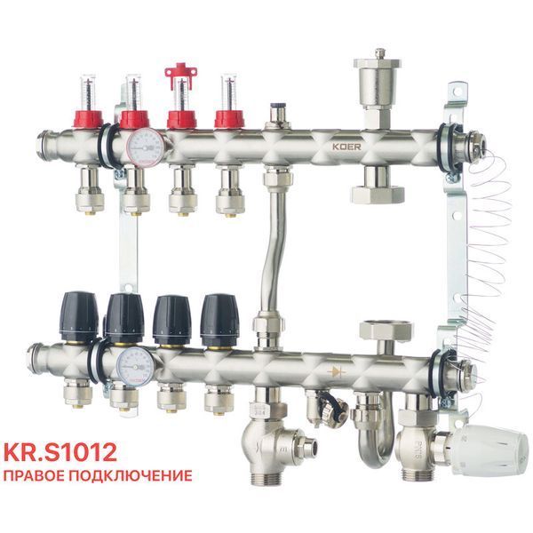 Колекторна група на 4 контурів Koer KR.S1012-4 EK 1"х3/4" з витратомірами, термостатичними клапанами, байпасом та змішувальним вузлом, нержавіюча сталь KR2937 фото
