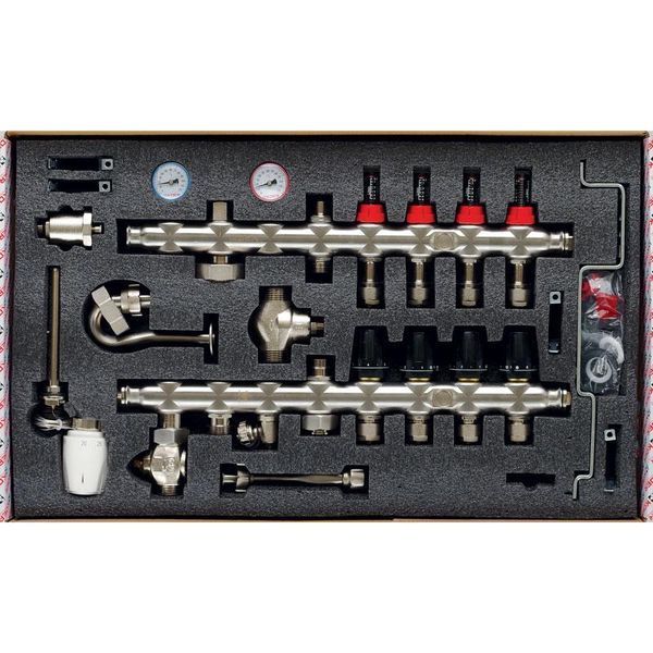Колекторна група на 4 контурів Koer KR.S1012-4 EK 1"х3/4" з витратомірами, термостатичними клапанами, байпасом та змішувальним вузлом, нержавіюча сталь KR2937 фото