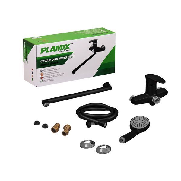 Змішувач для ванни Plamix CEZAR-006 EURO SET Matte black, зі шлангом, лійкою та кронштейном (PM0690) PM0690 фото