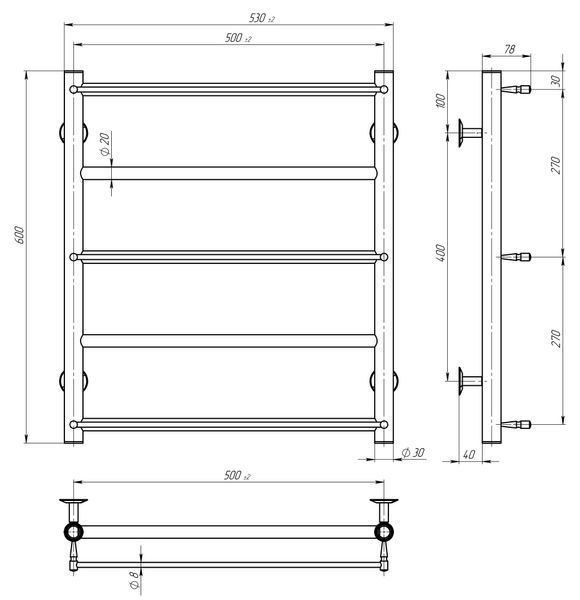 Рушникосушарка електрична Ladder П5 500х600 Deffi нержавіюча сталь (Чорний, JD03, Ліве підключення) C.LK.60.50.5.E.B.L.1 фото