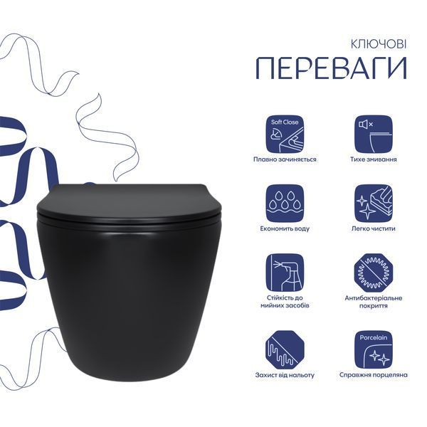 Унітаз підвісний Qtap Robin New Ultra Quiet безобідковий з сидінням Soft-close MATT BLACK QT13332381АSMB QT13332381АSMB фото